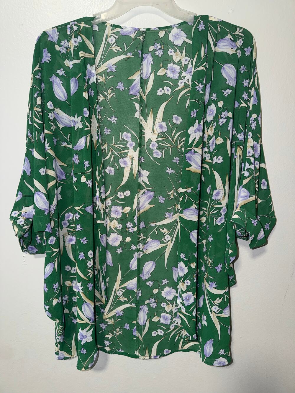 Green Purple Floral Tunic Top Open Front Draped Overlay